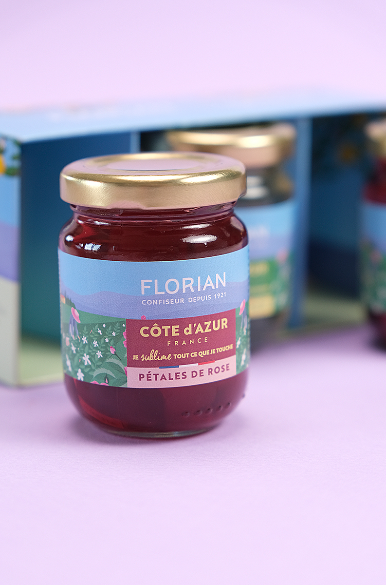 3 confitures de fleurs en coffret - rose, violette et jasmin - Confiserie Florian